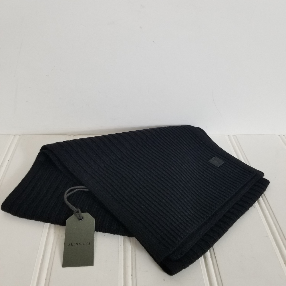 All Saints Winter Scarf Black Ribbed Wool Blend Winter Unisex Mens Accessory - Picture 2 of 14